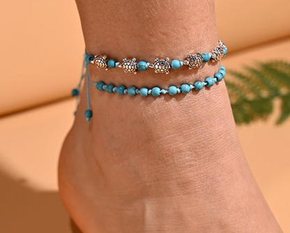 Pulsera de tobillo con forma de tortuga bohemia hecha a mano y anudada de 2 piezas