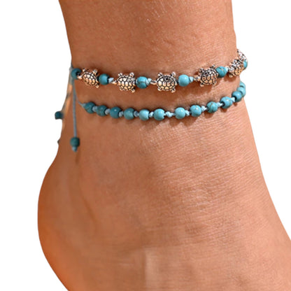 Pulsera de tobillo con forma de tortuga bohemia hecha a mano y anudada de 2 piezas